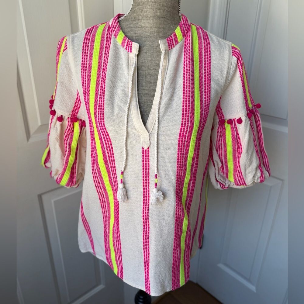 Saylor Boho Chic Top Short Sleeve Pink Lime Stripe Embroidered Blouse Large